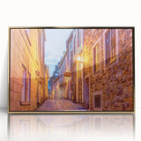 Framed acrylic print of a Quebec scenery in gold tones, ideal for nursery wall art.
