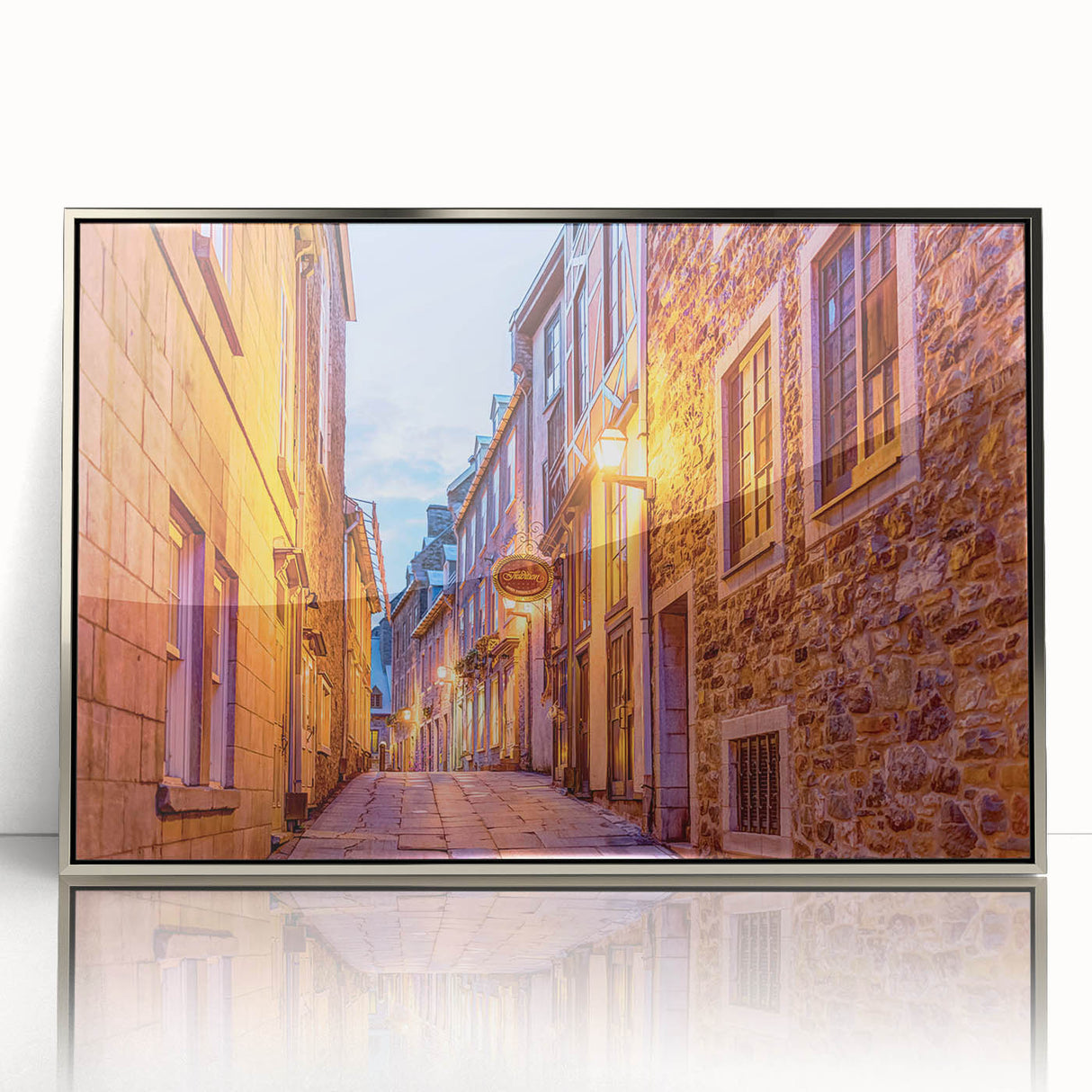 Mid-century modernist art depicting Quebec scenery in muted earth tones on a framed acrylic print.