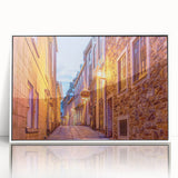 Framed acrylic print of a serene Quebec landscape in muted green and blue tones, ideal for modern art wall decor.