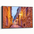 Black and white framed canvas of Quebec landscape, featuring vintage poster style, ideal for bedroom wall art.