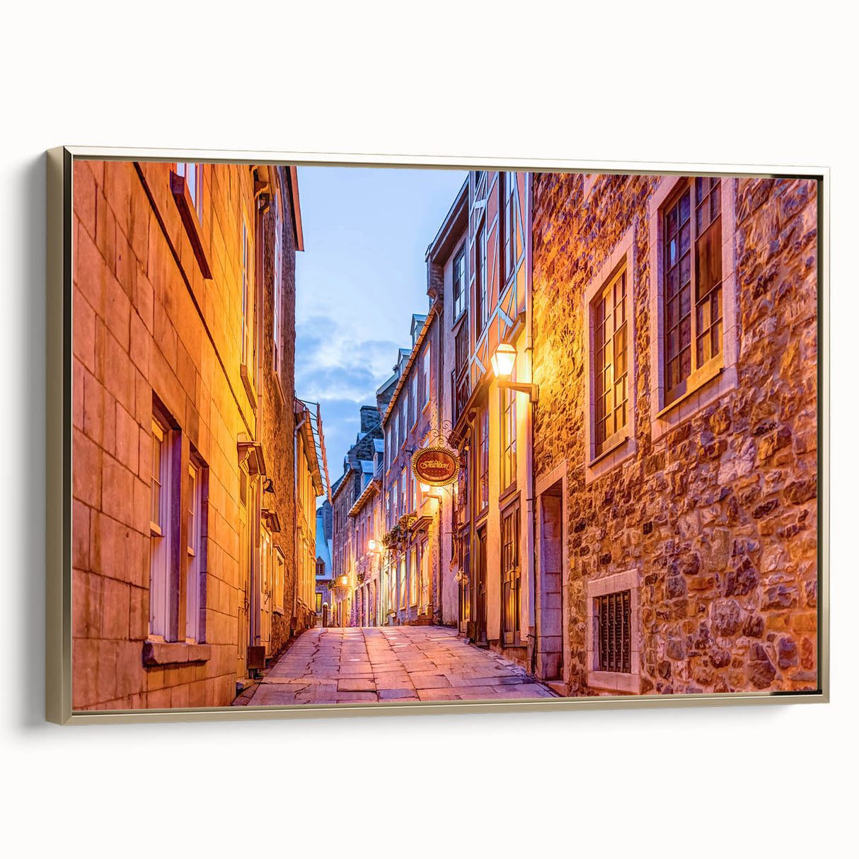 Framed canvas featuring a vintage-style landscape painting of Quebec, with muted earth tones, ideal for bedroom wall art.