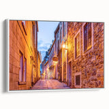 Vintage poster art of Quebec scenery on a framed canvas with a white side view, featuring vivid colors.