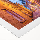 Art deco poster of Quebec scenery in muted blue and green tones on rolled canvas, suitable for dining room wall art.