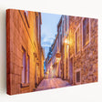Quebec landscape on stretched canvas featuring muted green and blue tones, suitable for kitchen wall art.