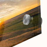 Large abstract wall art depicting Saskatchewan scenery in muted earth tones on acrylic glass, ideal for dining room ambiance.