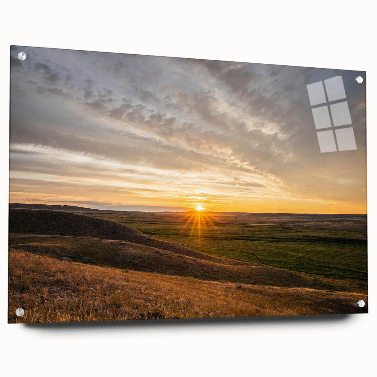 Acrylic print of a large abstract depiction of Saskatchewan scenery, in cool blue and green tones.