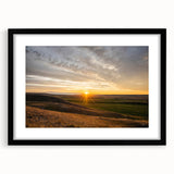 Extra large abstract art print featuring textured, colorful art of Saskatchewan scenery, in a black frame with mat.