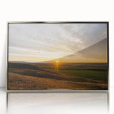 Mid-century modernist art depicting a serene Saskatchewan landscape in soft pastel shades, framed in silver acrylic.