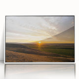 Art deco poster of Saskatchewan scenery in muted blues and greens on a framed acrylic, suitable for modern nursery wall art.