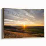 Framed canvas wall art featuring a vintage-style landscape painting of Saskatchewan, with muted earth tones.