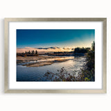 Textured abstract art print depicting the Yukon scenery in muted earth tones, framed in silver, ideal for bedroom wall decor.