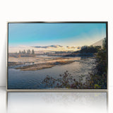 Mid-century modernist art depicting Yukon scenery in muted earth tones on a silver-framed acrylic print.