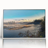 Art deco poster of Yukon scenery in muted gray and blue tones on framed acrylic, ideal for modern nursery wall art.