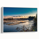Vintage poster art of Yukon scenery on a framed canvas, featuring vibrant colors, ideal for living room decor.