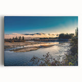 Black and white photograph of Yukon scenery on large stretched canvas, suitable for kitchen wall art.