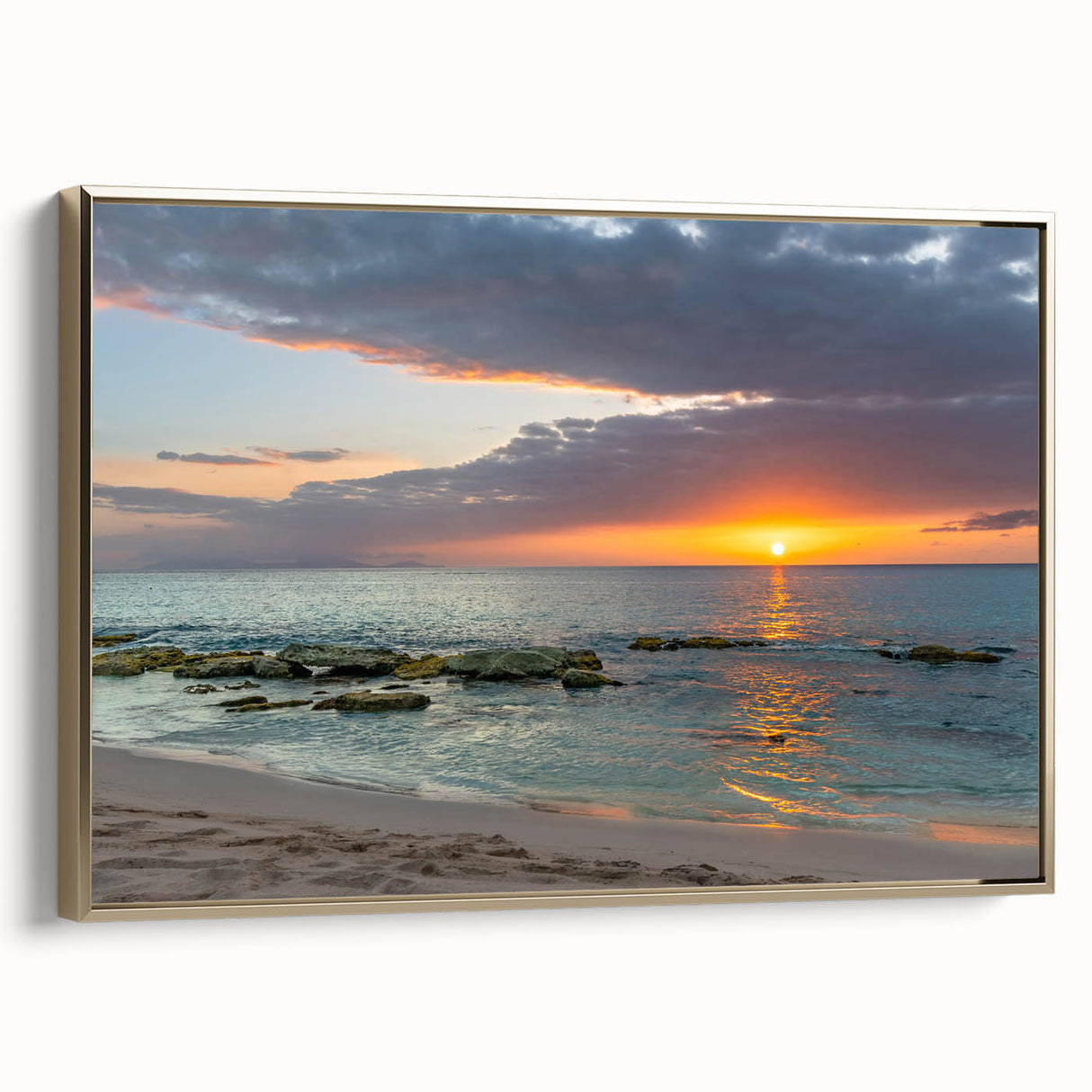 Vintage poster art of Caribbean Antigua scenery in colorful hues on extra large framed canvas, ideal for living room decor.
