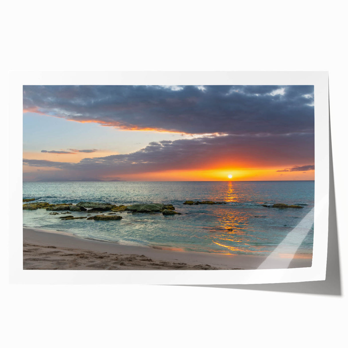 Extra large rolled print of a Caribbean scenery with vibrant ocean blues and lush greenery, ideal for dining room wall art.