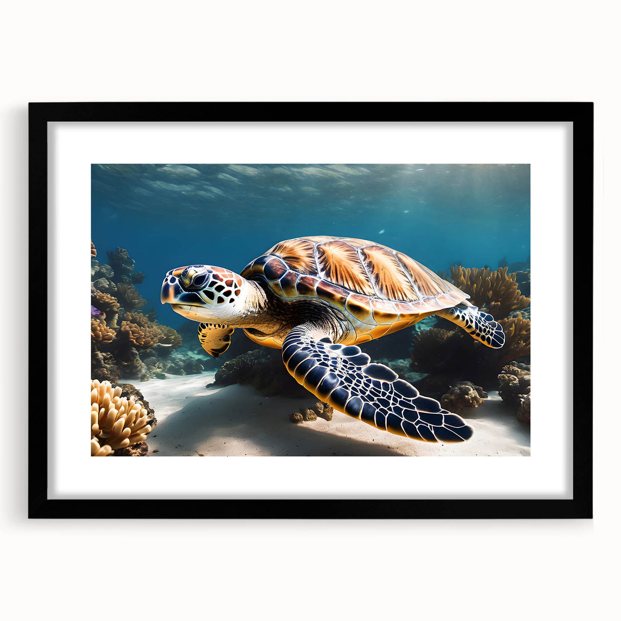 Extra large abstract art print of a Caribbean scenery in vibrant colors on a black framed canvas.