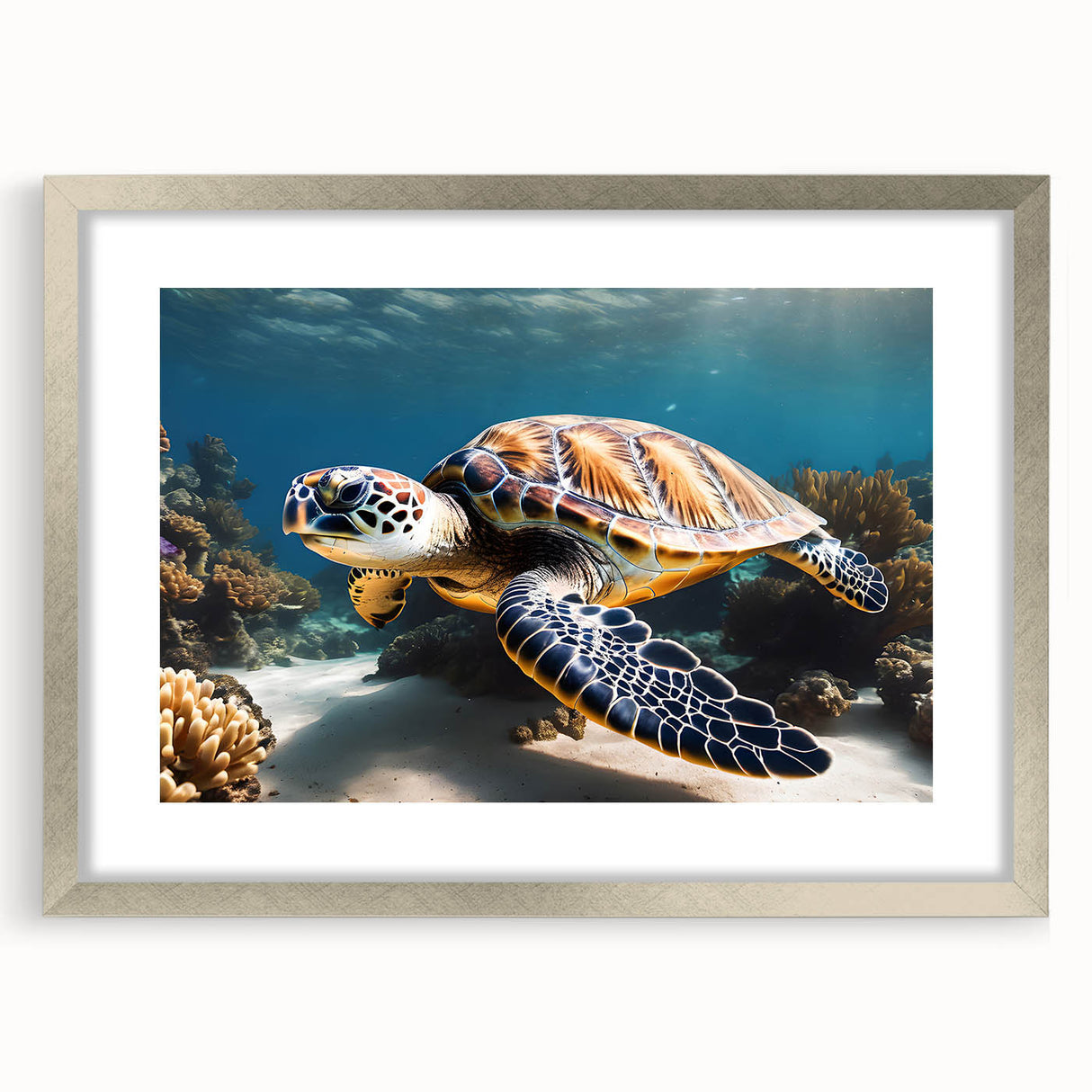 Extra large abstract art print of Caribbean scenery in a silver frame, ideal for living room decor.