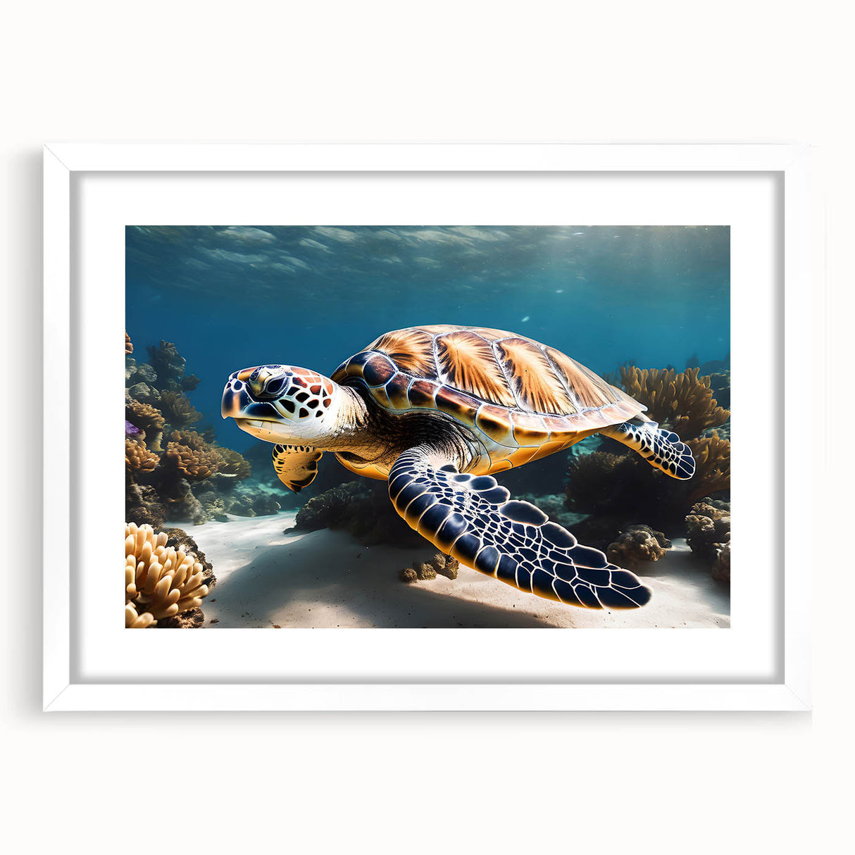 Textured abstract art print depicting a Caribbean Aruba scenery in muted blue and green shades, framed with a white mat.