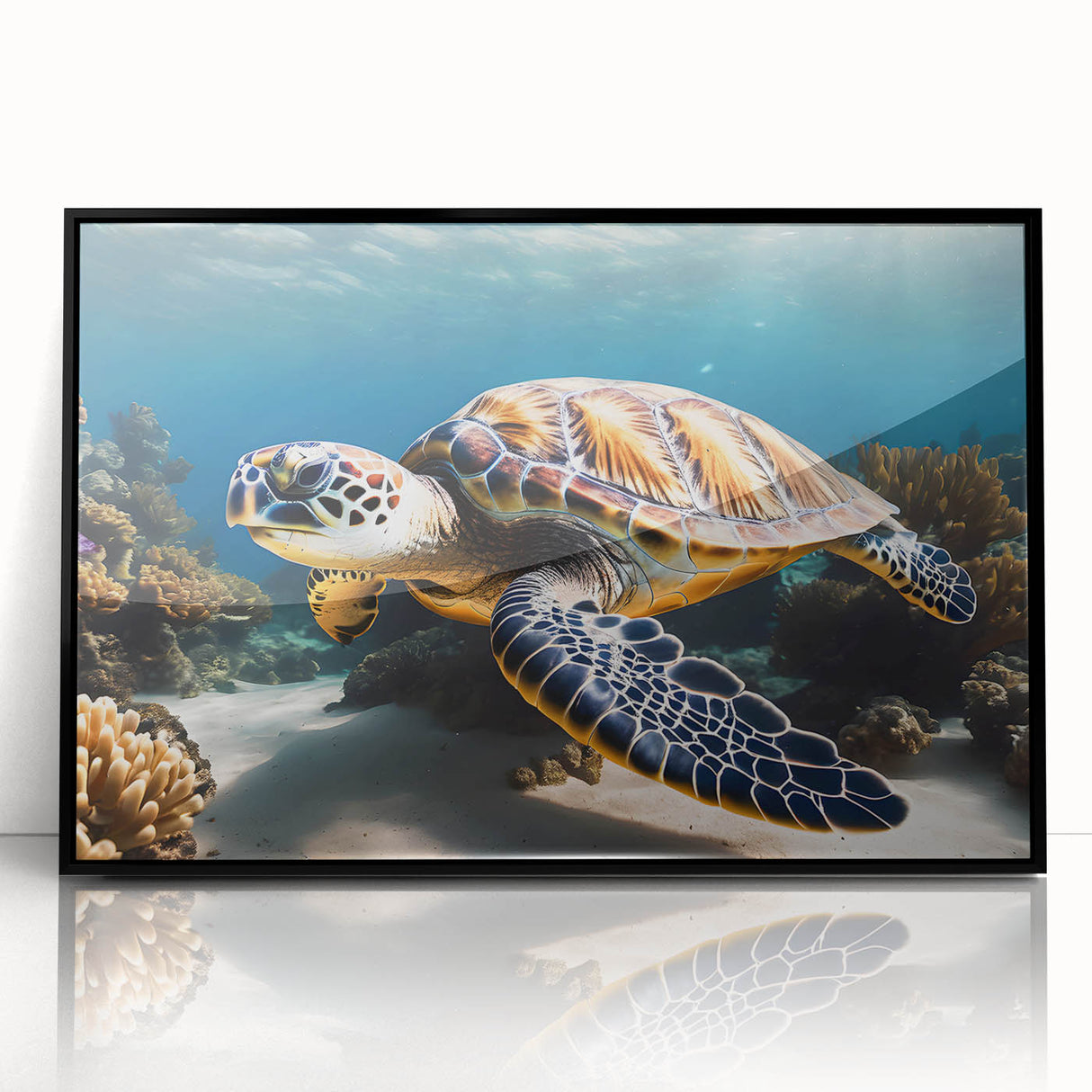 Large abstract wall art depicting a Caribbean Aruba scenery in vibrant blue and green hues, framed in black acrylic.