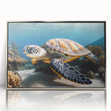 Framed acrylic print of a Caribbean seascape in muted blue and green, ideal for modern art wall decor.