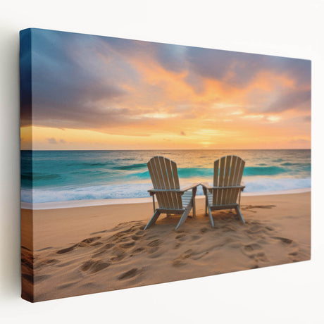 Caribbean beach scene with palm trees on stretched canvas, featuring vivid blue and green tones, ideal for kitchen wall art.