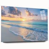 Large abstract wall art of a Caribbean scenery in vibrant blues and greens on acrylic glass.