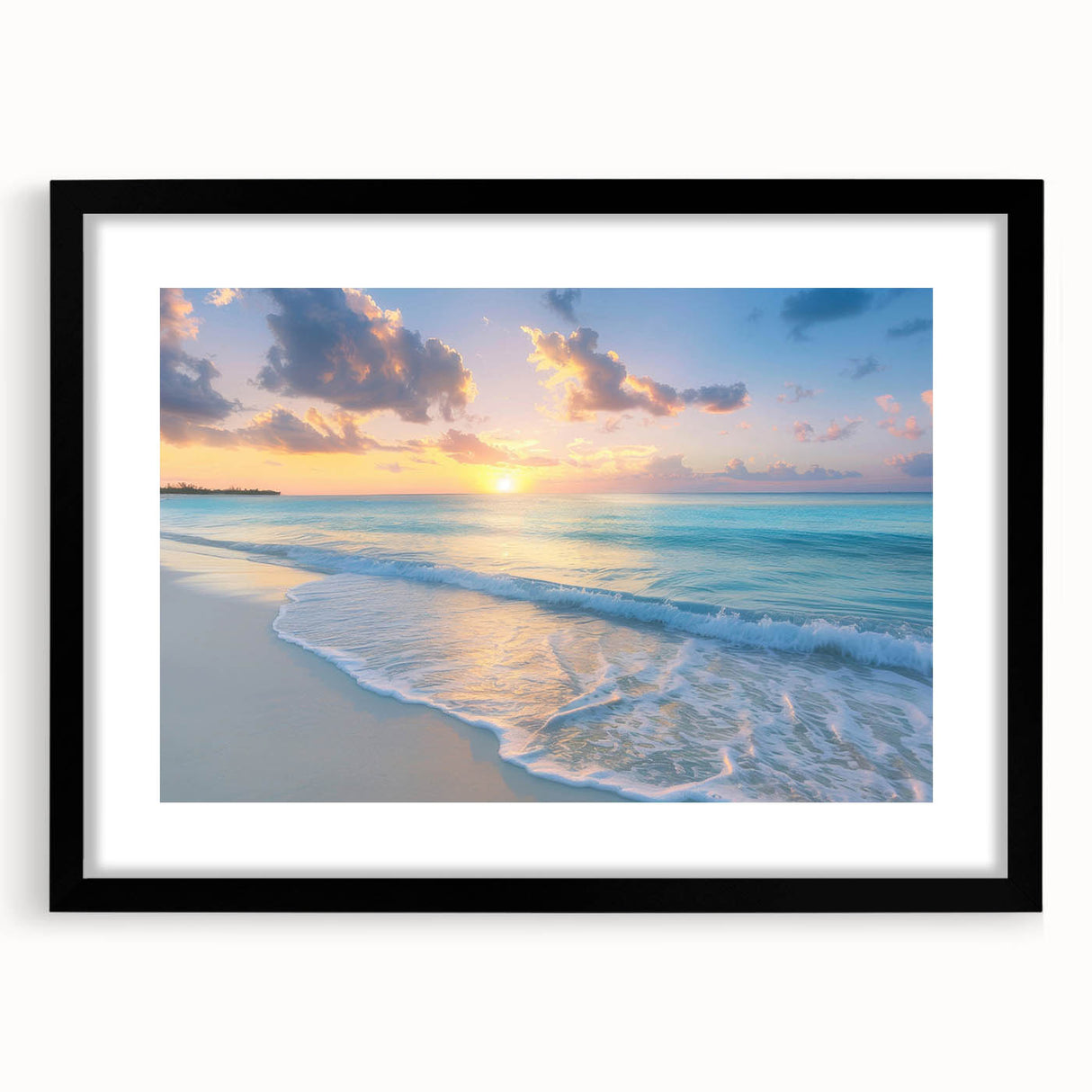 Extra large abstract art print featuring a colorful Caribbean scenery on textured canvas, framed in black.