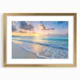 Abstract art print of Caribbean scenery in gold frame, featuring vibrant blue and green tones, ideal for dining room decor.