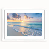 Textured abstract art print featuring Caribbean scenery in soft blue and green tones, framed with a white mat.
