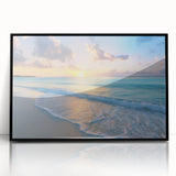 Large abstract wall art featuring a Caribbean Barbados scenery in muted blue and green tones on framed acrylic.