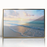 Art deco poster of a Caribbean beach scene in muted gold and blue tones, acrylic print framed.