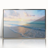 Large art print of a Caribbean beach scene in muted blues and greens on a framed acrylic, ideal for modern art wall decor.