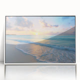 Mid-century modernist art depicting a Caribbean Barbados scenery in muted blue and green tones on a framed acrylic.