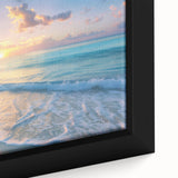 Close-up of extra large black wall art featuring a textured Caribbean scenery on framed canvas, ideal for living room decor.