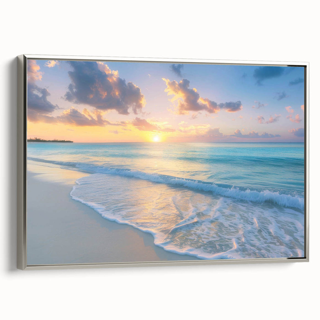 Framed canvas featuring a vintage-style landscape painting of Barbados with muted black and silver tones.