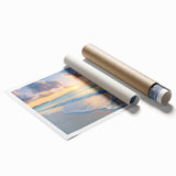 Extra large rolled print of a serene Caribbean beach with tropical flora in soft blue and green tones.