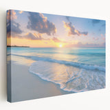 Caribbean beach scene on stretched canvas with blue and turquoise tones, suitable for kitchen wall art.