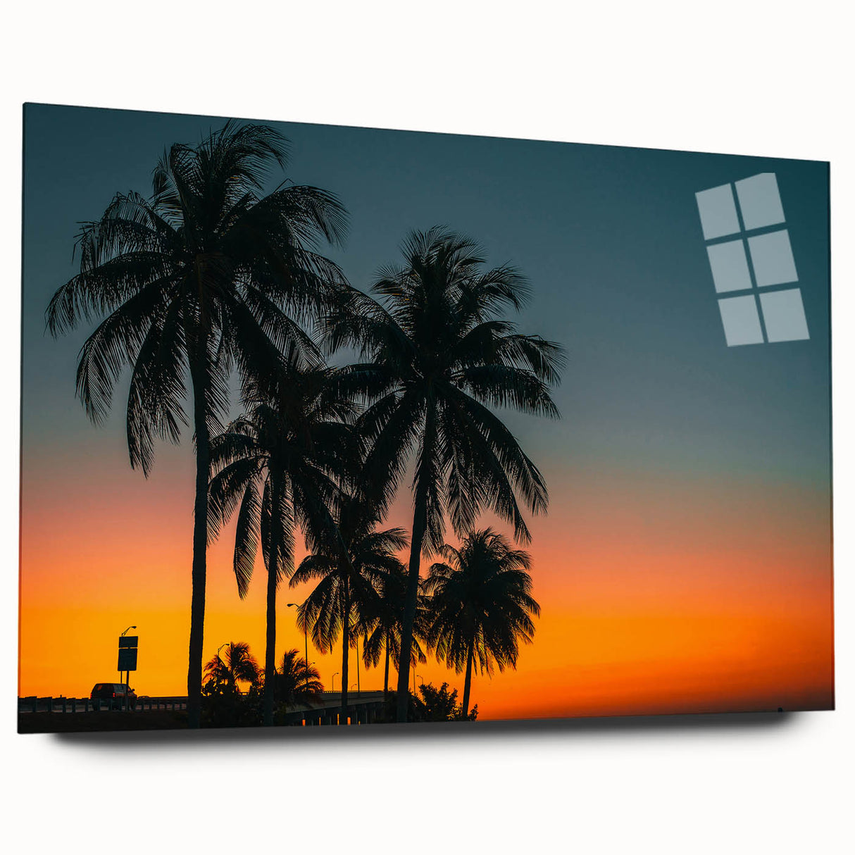 Large abstract wall art of Caribbean scenery in vibrant blue and green tones on acrylic glass.