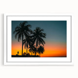Textured art print of an abstract Caribbean scene in cool blue and white tones, framed with a white mat.