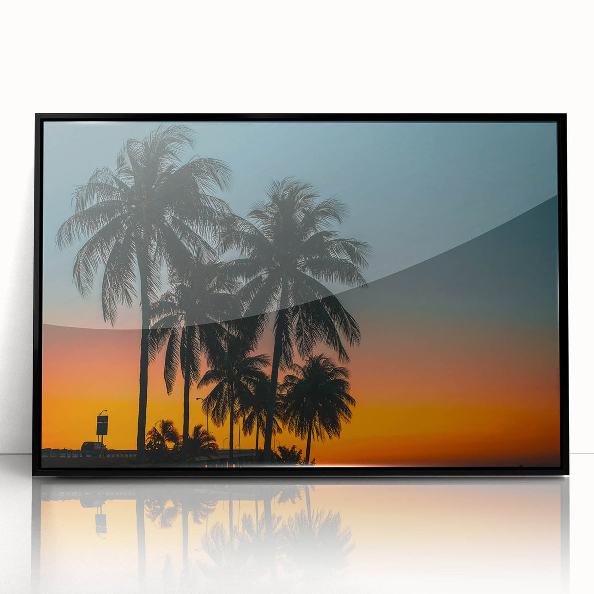 Large abstract wall art of a Caribbean scene in vibrant blue and green tones on framed acrylic.