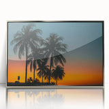 Framed acrylic print of a Caribbean scenery in muted blue and green tones, suitable for modern art wall decor.