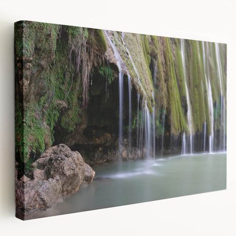 Large canvas print depicting a serene Caribbean beach scene in soft blue and sandy tones, suitable for kitchen wall art.