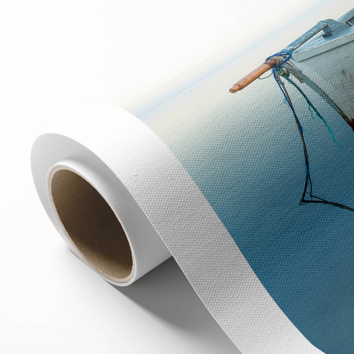 Art Deco poster of a Caribbean Martinique scenery on rolled canvas, with vibrant oceanic blues and greens.