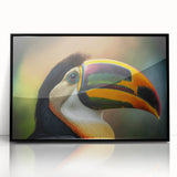 Large abstract wall art depicting a Central American scenery in muted earth tones, framed in black acrylic.