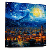 Acrylic print of a Central American landscape in vibrant greens and blues, ideal for dining room decor.