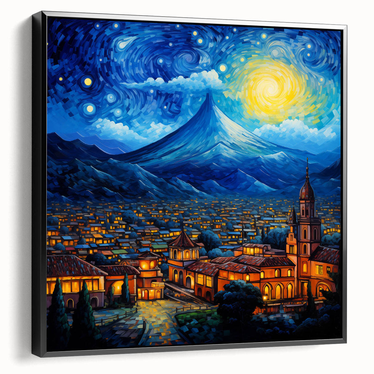 Black and white landscape art of a Guatemalan scenery on a framed canvas, suitable for bedroom decoration.