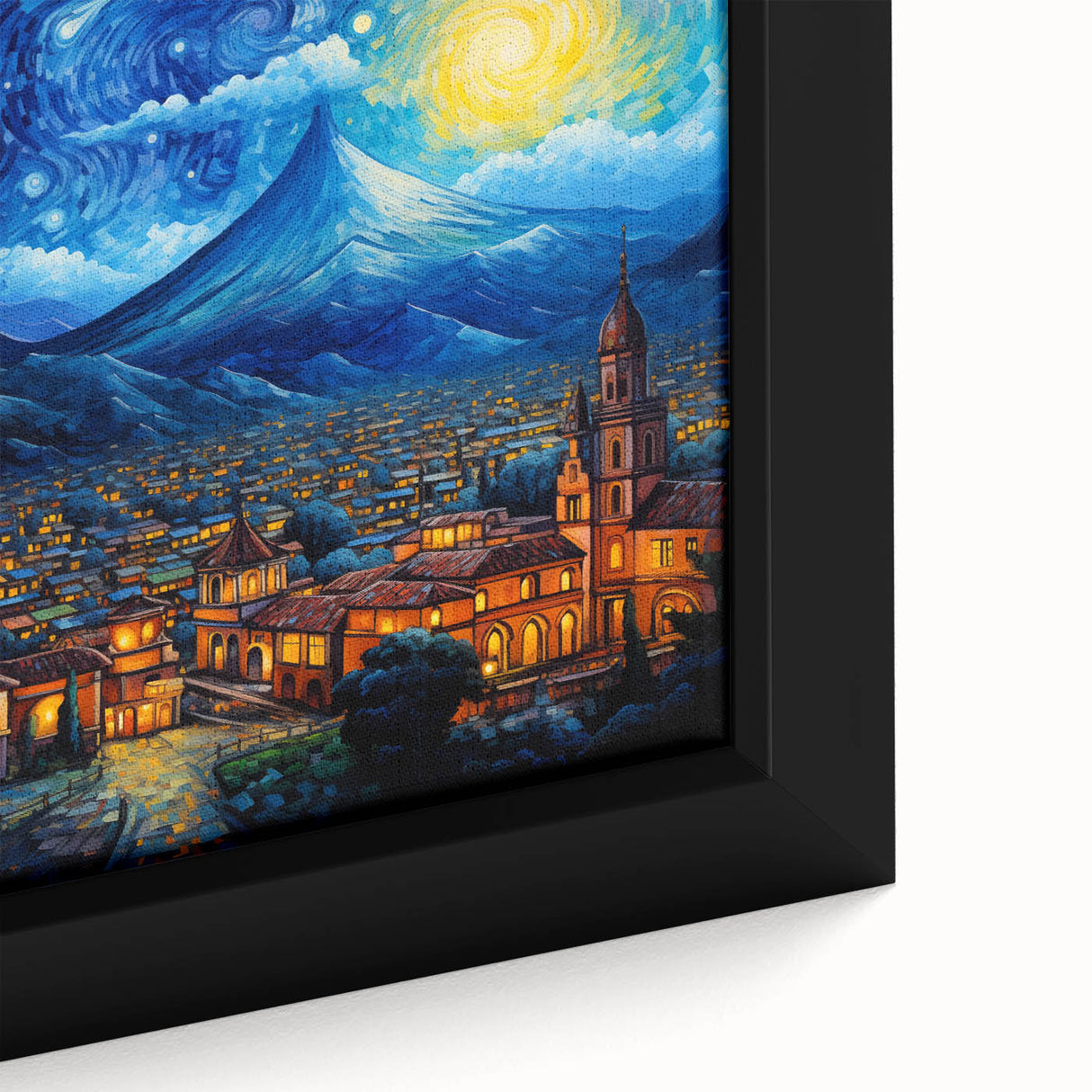 Extra large framed canvas featuring a textured depiction of a Central American scenery in black with colorful accents.