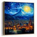 Framed canvas of a Guatemalan landscape in silver and gold tones, suitable as wall art for a bedroom.